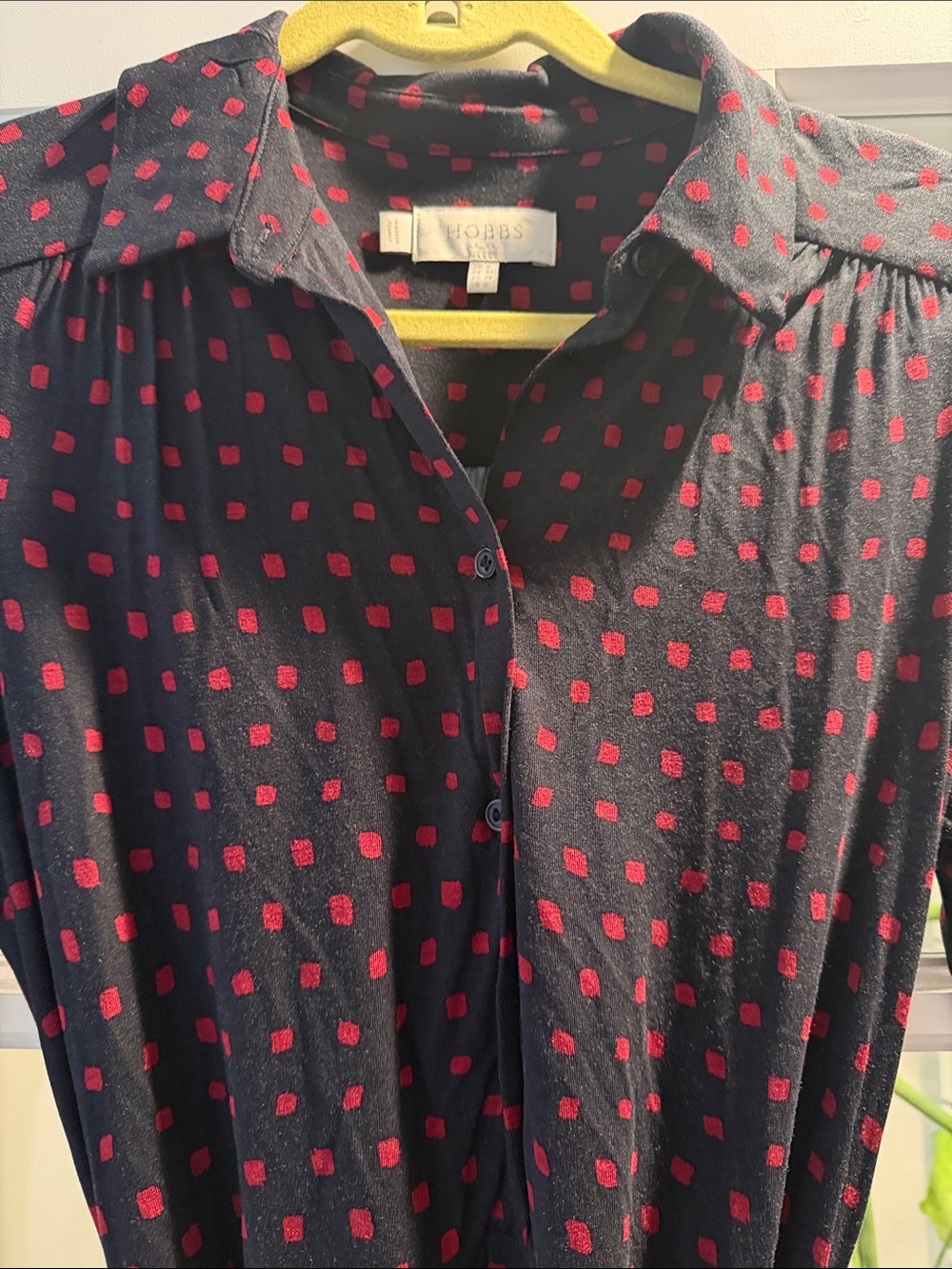 Blue Long-Sleeve Wrap Dress with Red Dot Print - Picture 2 of 3